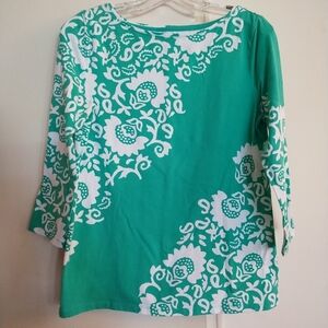 Talbots Green and White Floral Stretch Shirt Tee Size M